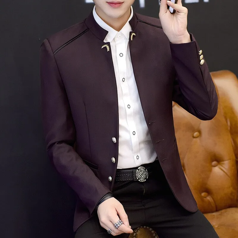 2023 Spring New Men's Stand Collar Casual Suit Youth Fashion Solid Color Stitching Three Button   mens blazer