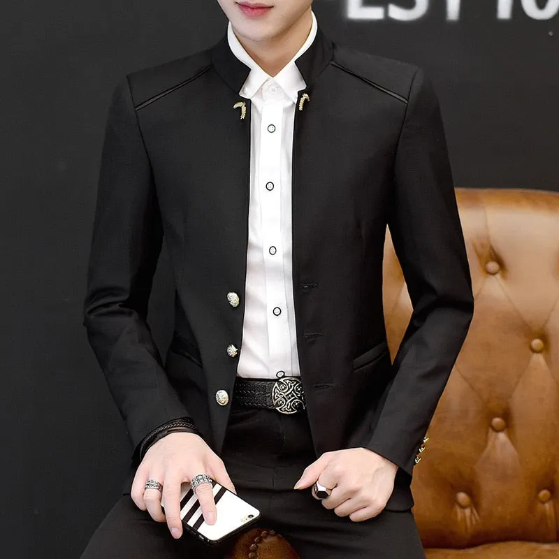 2023 Spring New Men's Stand Collar Casual Suit Youth Fashion Solid Color Stitching Three Button   mens blazer