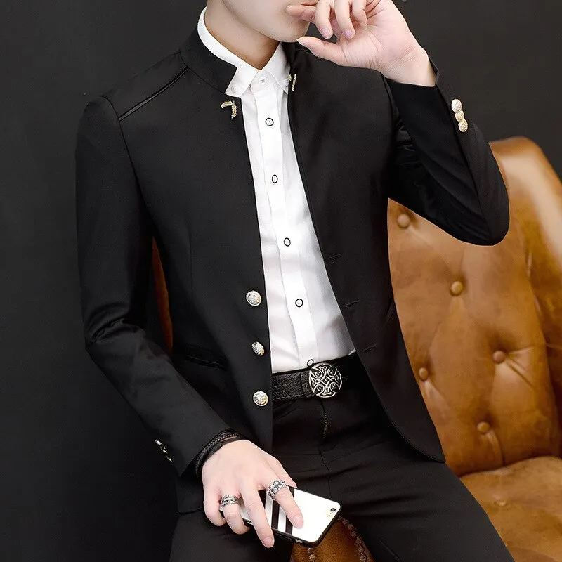 2023 Spring New Men's Stand Collar Casual Suit Youth Fashion Solid Color Stitching Three Button   mens blazer