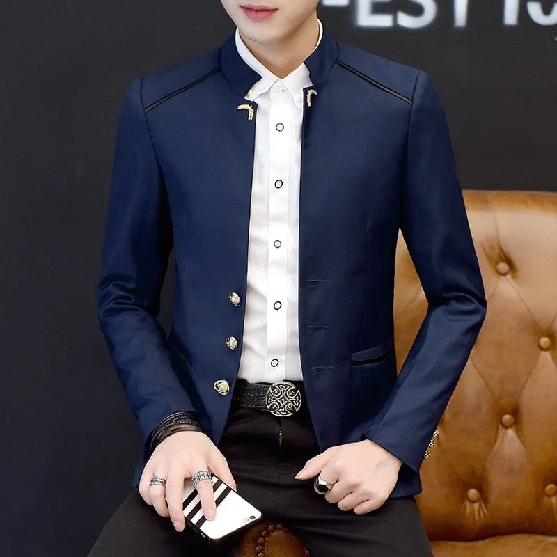 2023 Spring New Men's Stand Collar Casual Suit Youth Fashion Solid Color Stitching Three Button   mens blazer