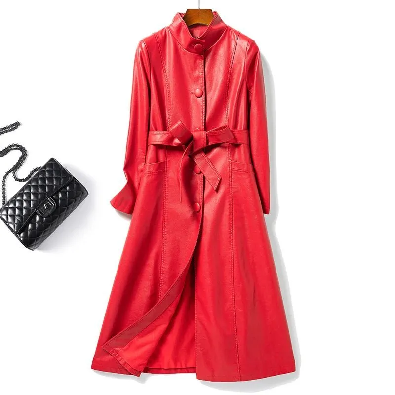 2024 neue Mode roten Schnür gürtel Schaffell langen Trenchcoat schicke Frauen Stehkragen einreihige Echt leder Outwear