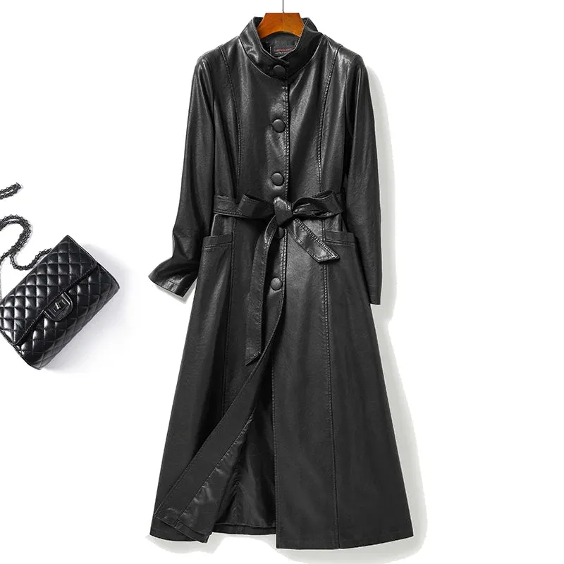 2024 neue Mode roten Schnür gürtel Schaffell langen Trenchcoat schicke Frauen Stehkragen einreihige Echt leder Outwear