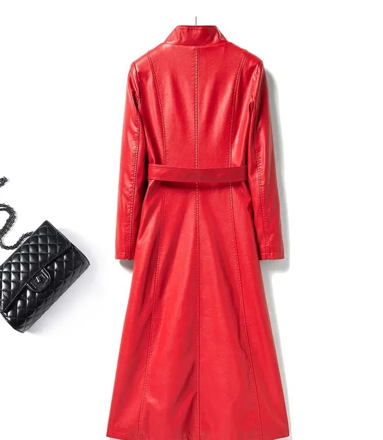 2024 neue Mode roten Schnür gürtel Schaffell langen Trenchcoat schicke Frauen Stehkragen einreihige Echt leder Outwear