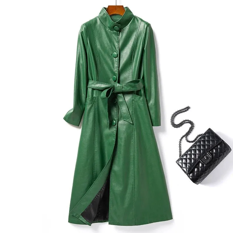 2024 neue Mode roten Schnür gürtel Schaffell langen Trenchcoat schicke Frauen Stehkragen einreihige Echt leder Outwear