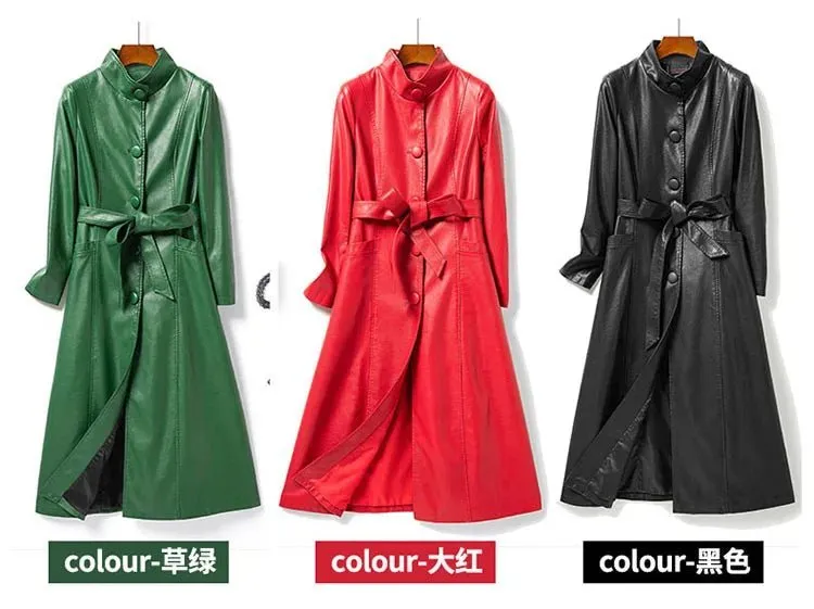 2024 neue Mode roten Schnür gürtel Schaffell langen Trenchcoat schicke Frauen Stehkragen einreihige Echt leder Outwear