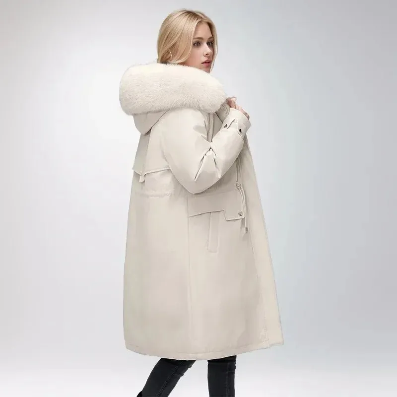 2024 neue Winter Frauen Parka Kleidung lose lange Mantel Wolle Liner Kapuze Daunen Baumwoll jacke Pelz kragen dicken warmen Schnee tragen gepolstert