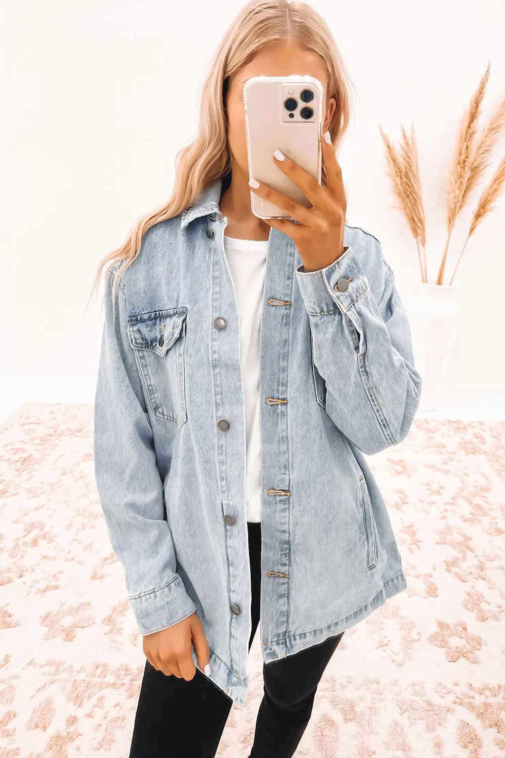 Acid Wash Flap Pocket Boyfriend Shacket