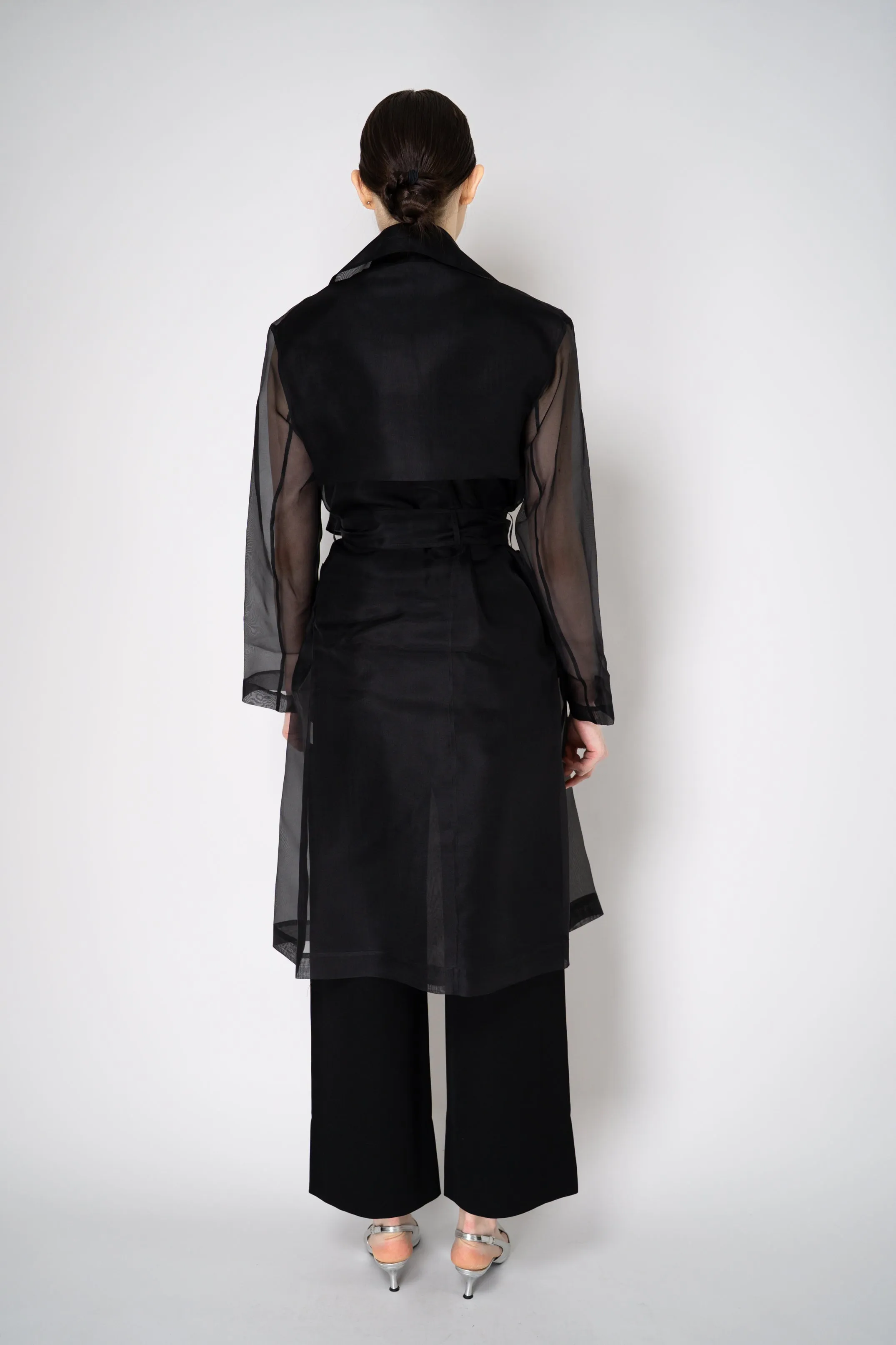 Antonelli Valmorea Silk Organza Sheer Trench Coat in Black