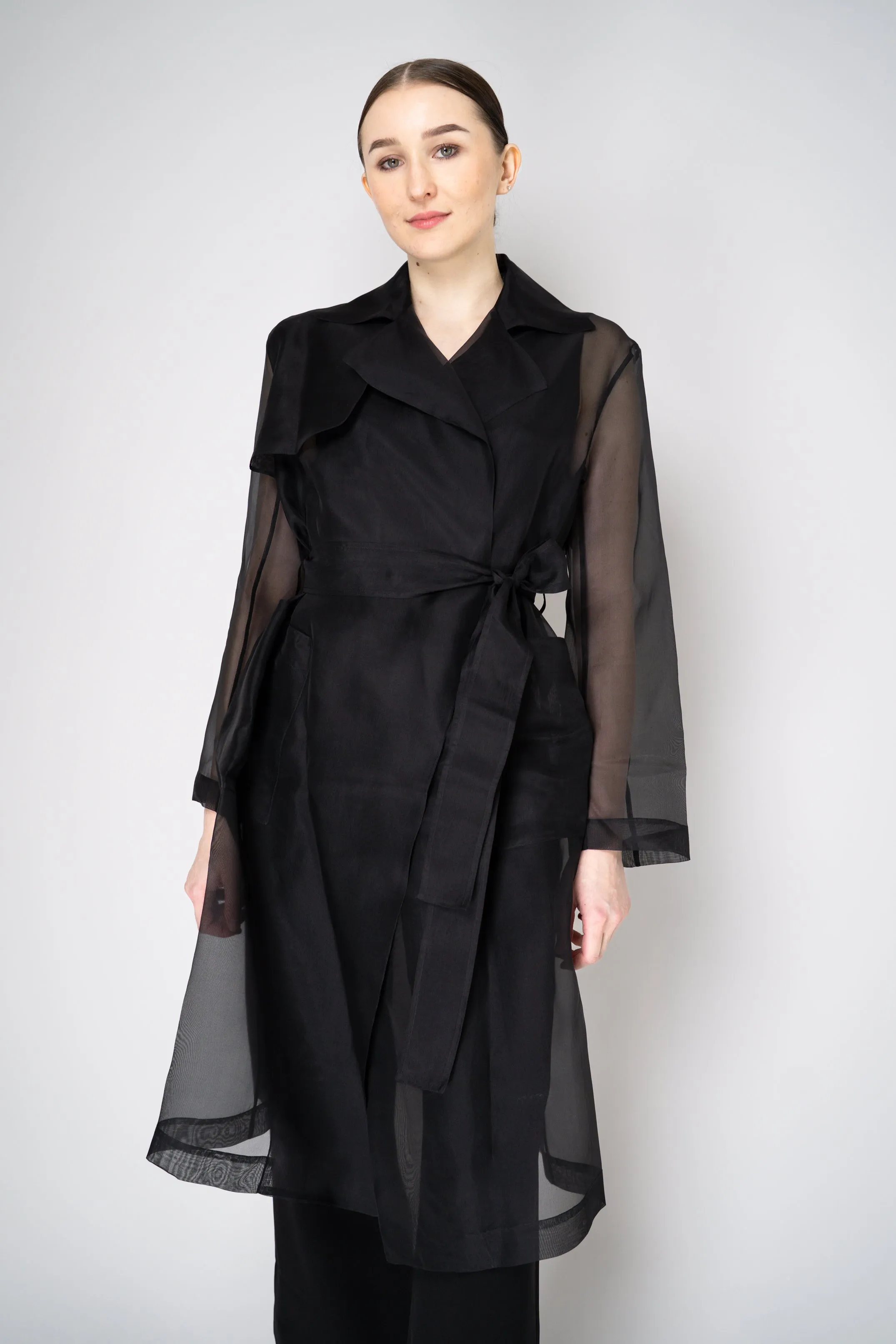 Antonelli Valmorea Silk Organza Sheer Trench Coat in Black