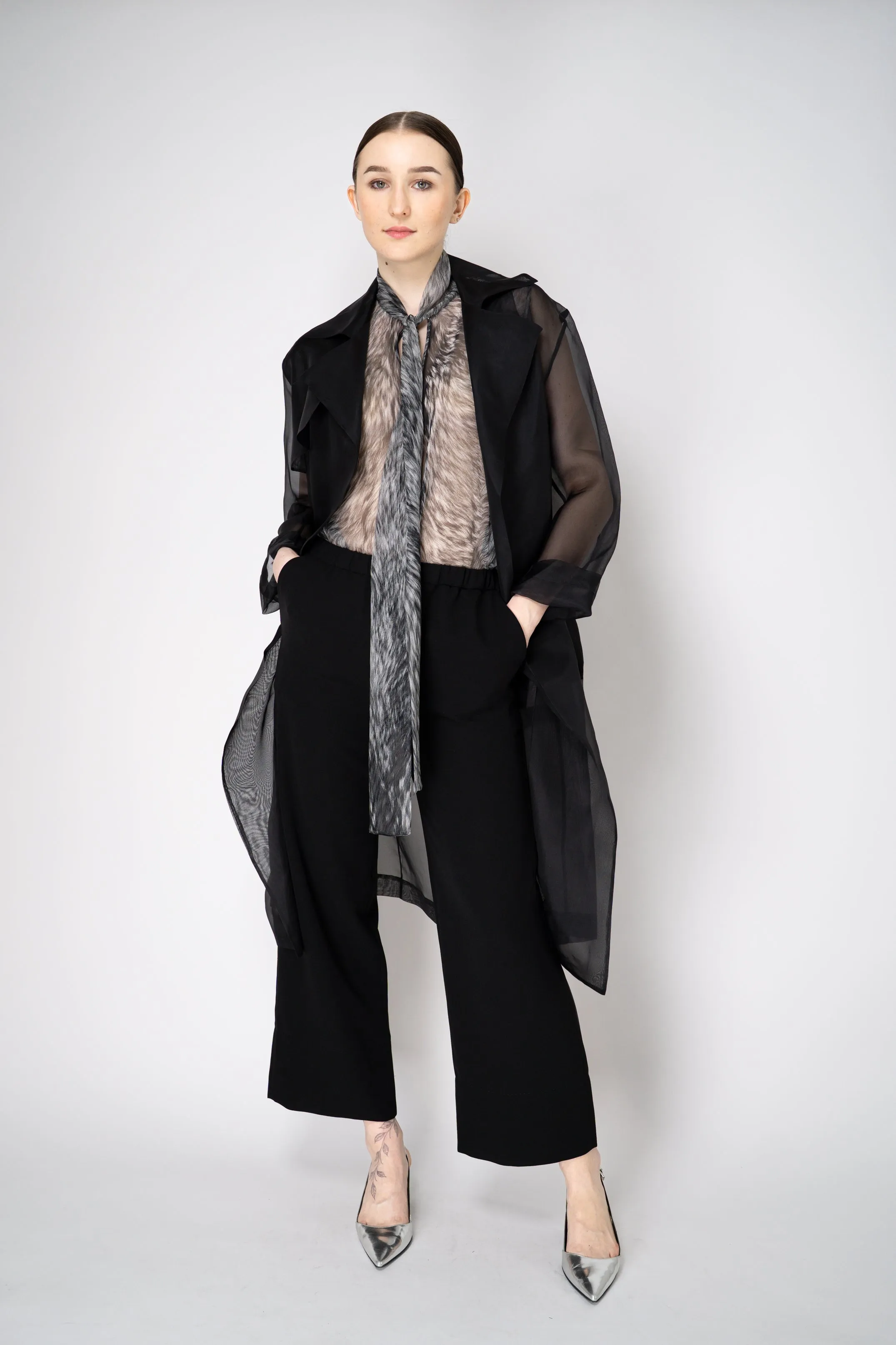 Antonelli Valmorea Silk Organza Sheer Trench Coat in Black