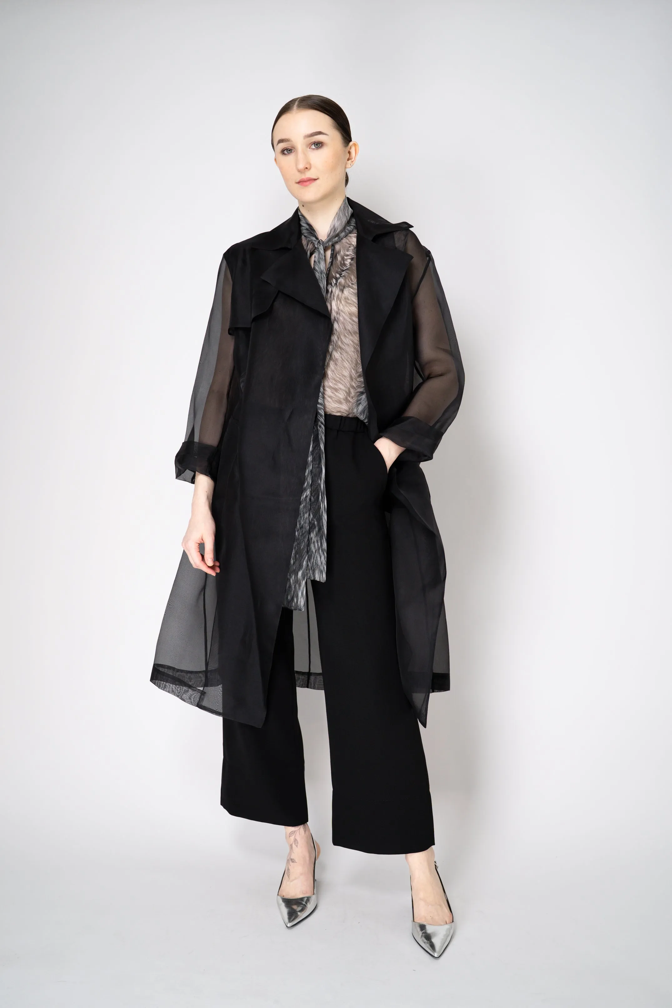Antonelli Valmorea Silk Organza Sheer Trench Coat in Black