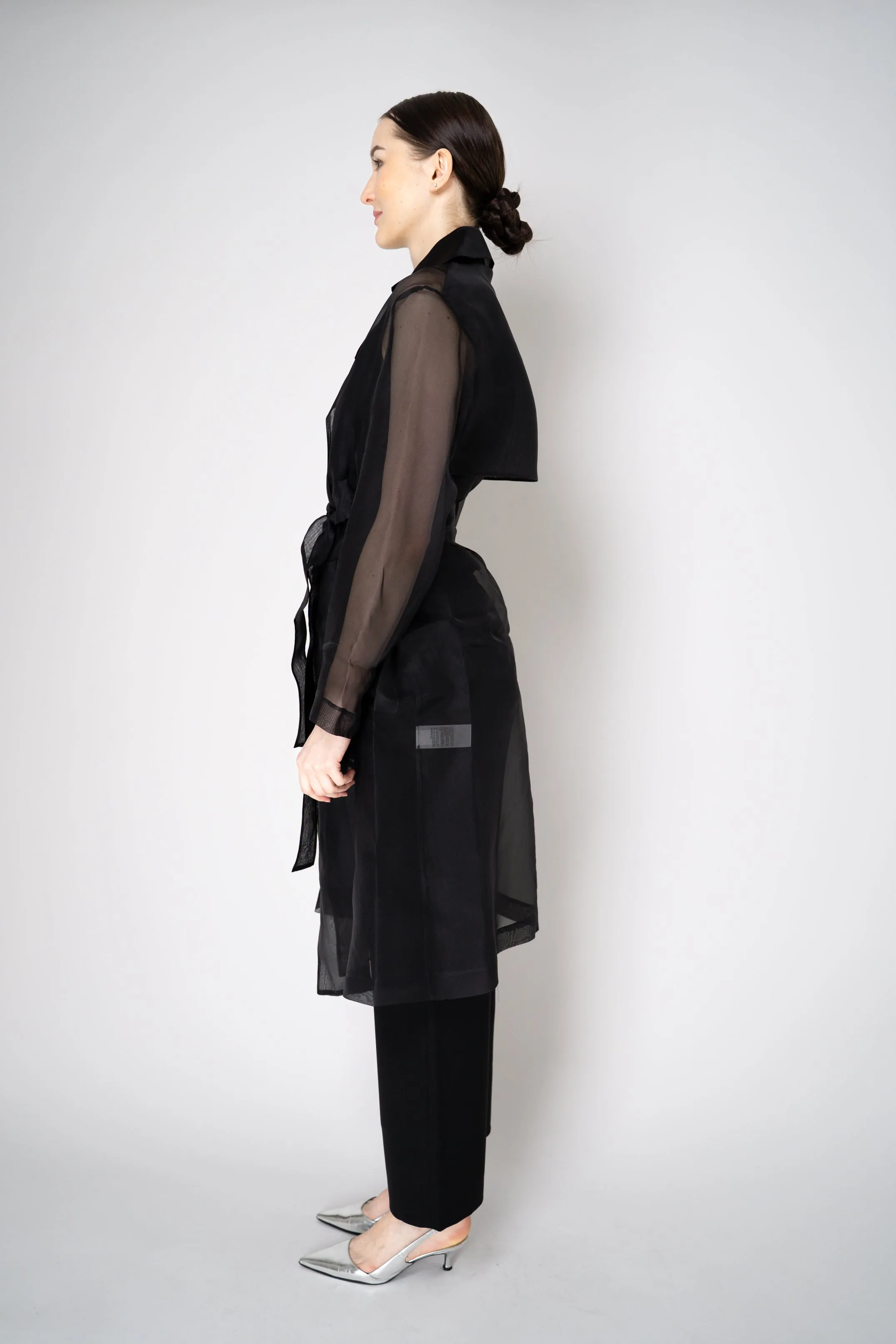 Antonelli Valmorea Silk Organza Sheer Trench Coat in Black