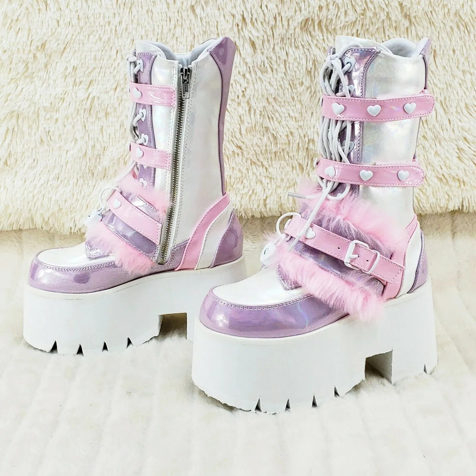 Ashes 120 Pink Faux Fur Trim 3.5" Platform Heel Cosplay Punk Festival Boots NY