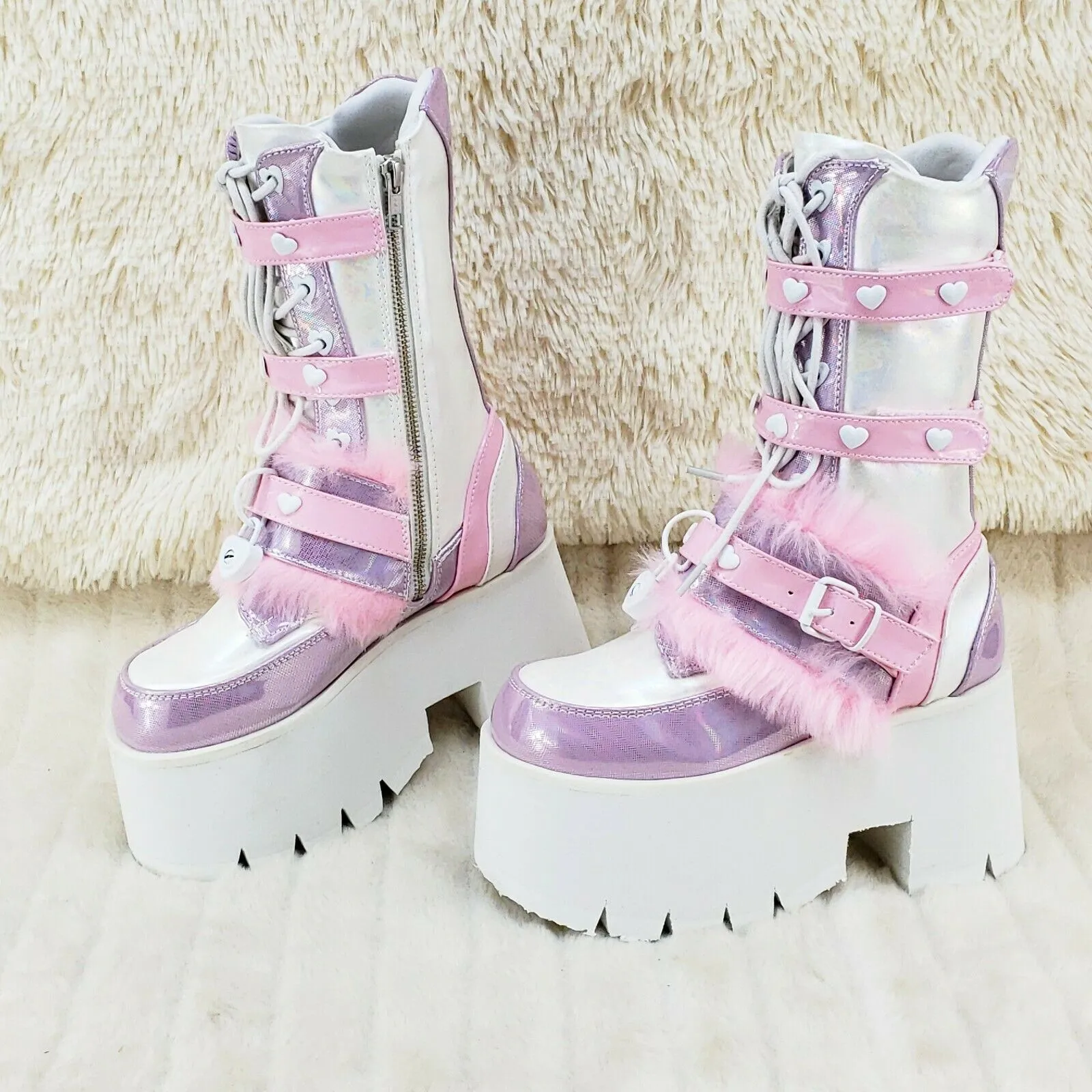 Ashes 120 Pink Faux Fur Trim 3.5" Platform Heel Cosplay Punk Festival Boots NY