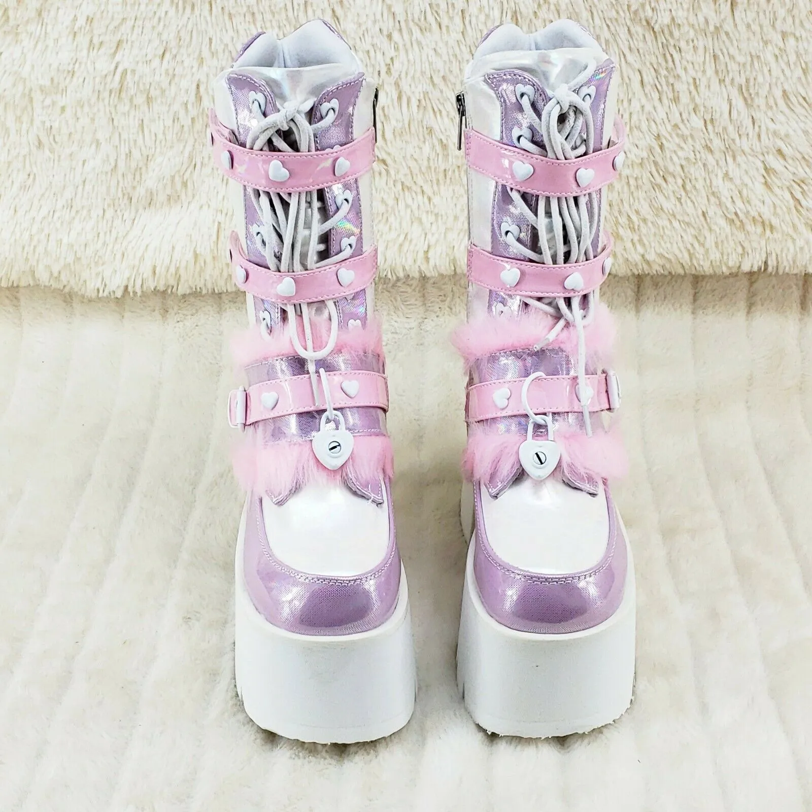 Ashes 120 Pink Faux Fur Trim 3.5" Platform Heel Cosplay Punk Festival Boots NY