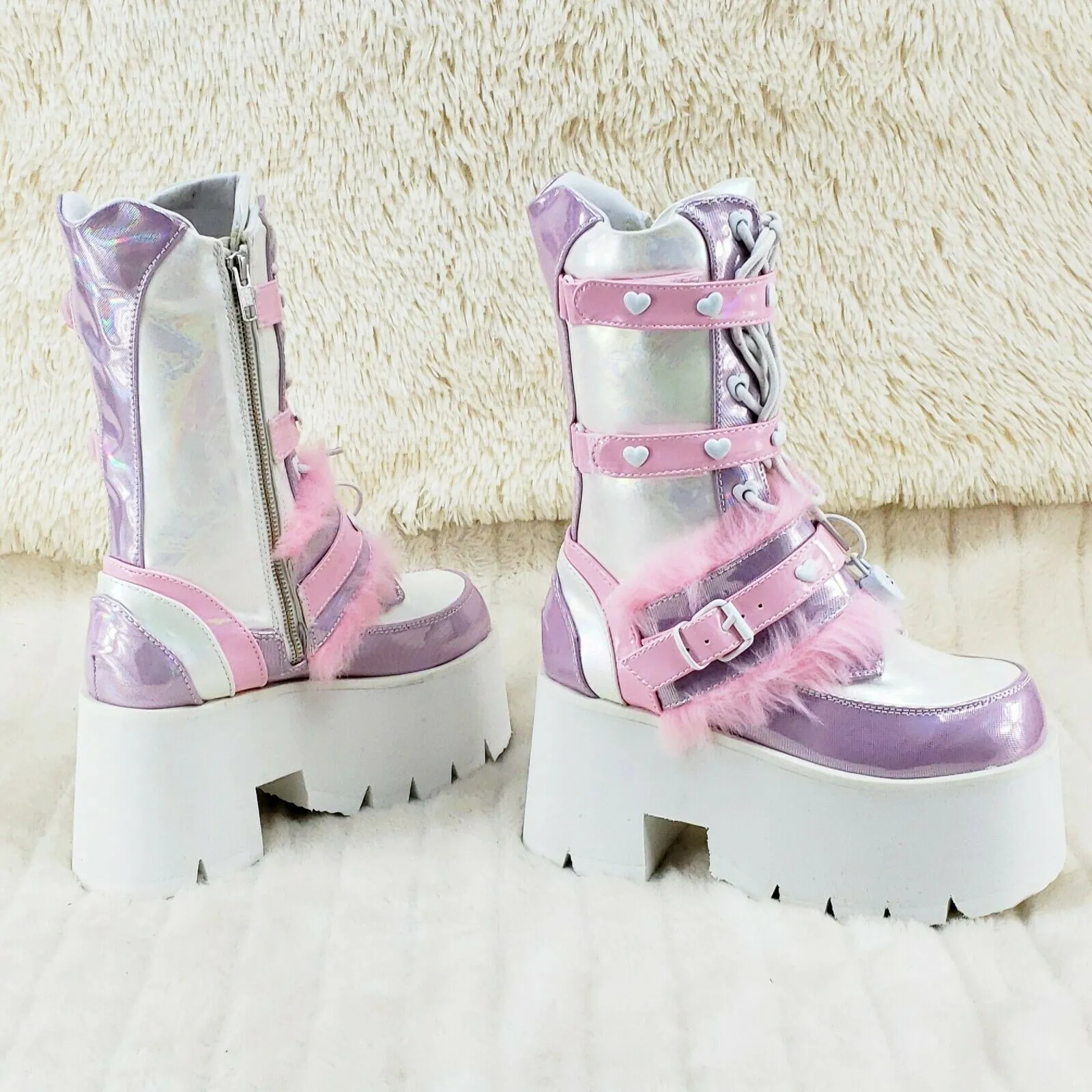 Ashes 120 Pink Faux Fur Trim 3.5" Platform Heel Cosplay Punk Festival Boots NY
