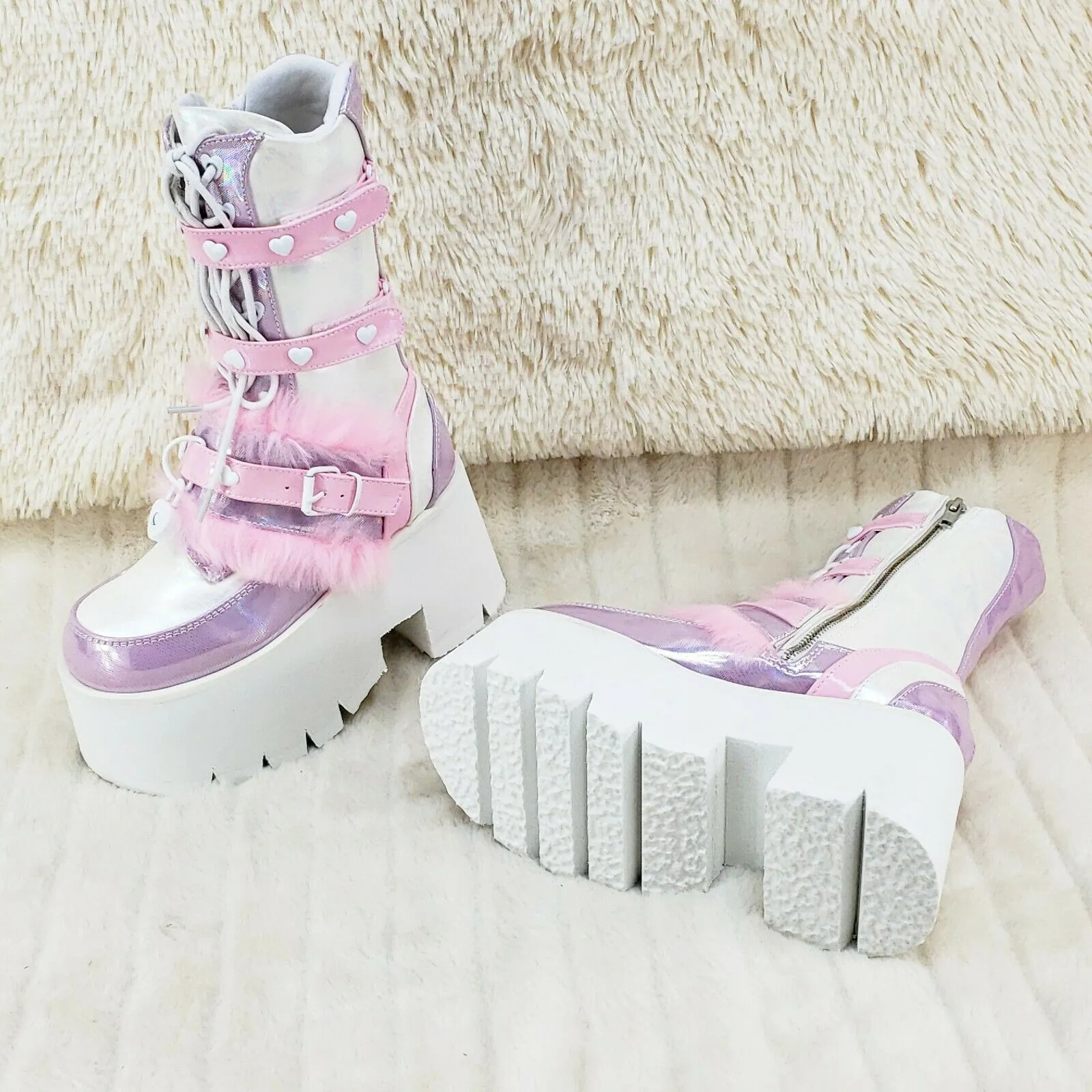 Ashes 120 Pink Faux Fur Trim 3.5" Platform Heel Cosplay Punk Festival Boots NY