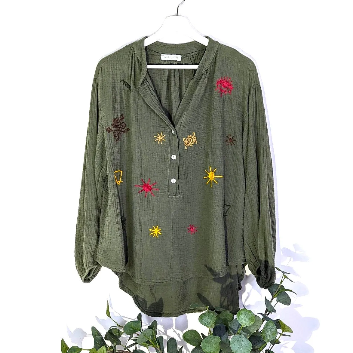 Collarless button front waffle shirt with Aztec embroidery (M-L)
