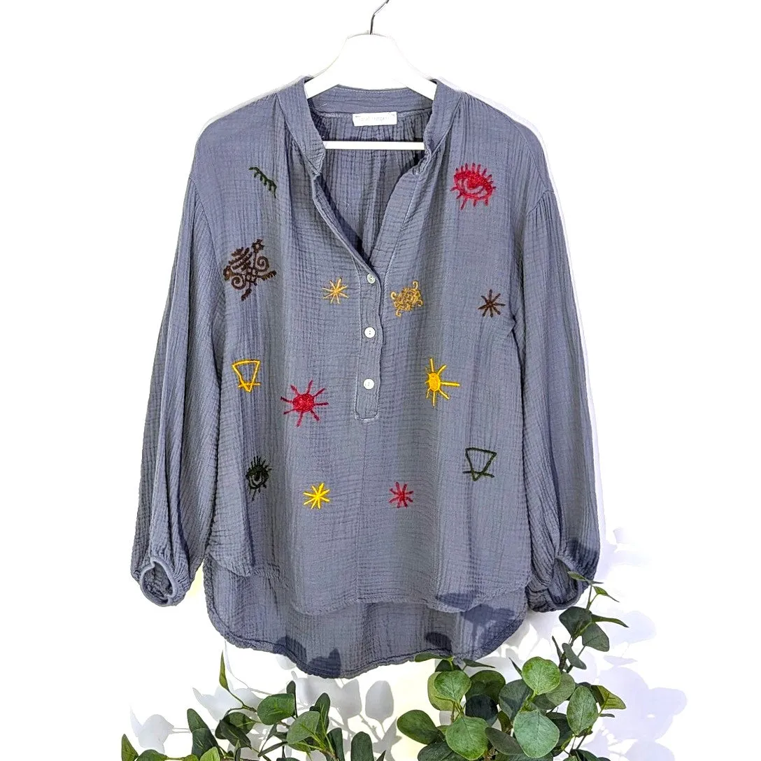 Collarless button front waffle shirt with Aztec embroidery (M-L)