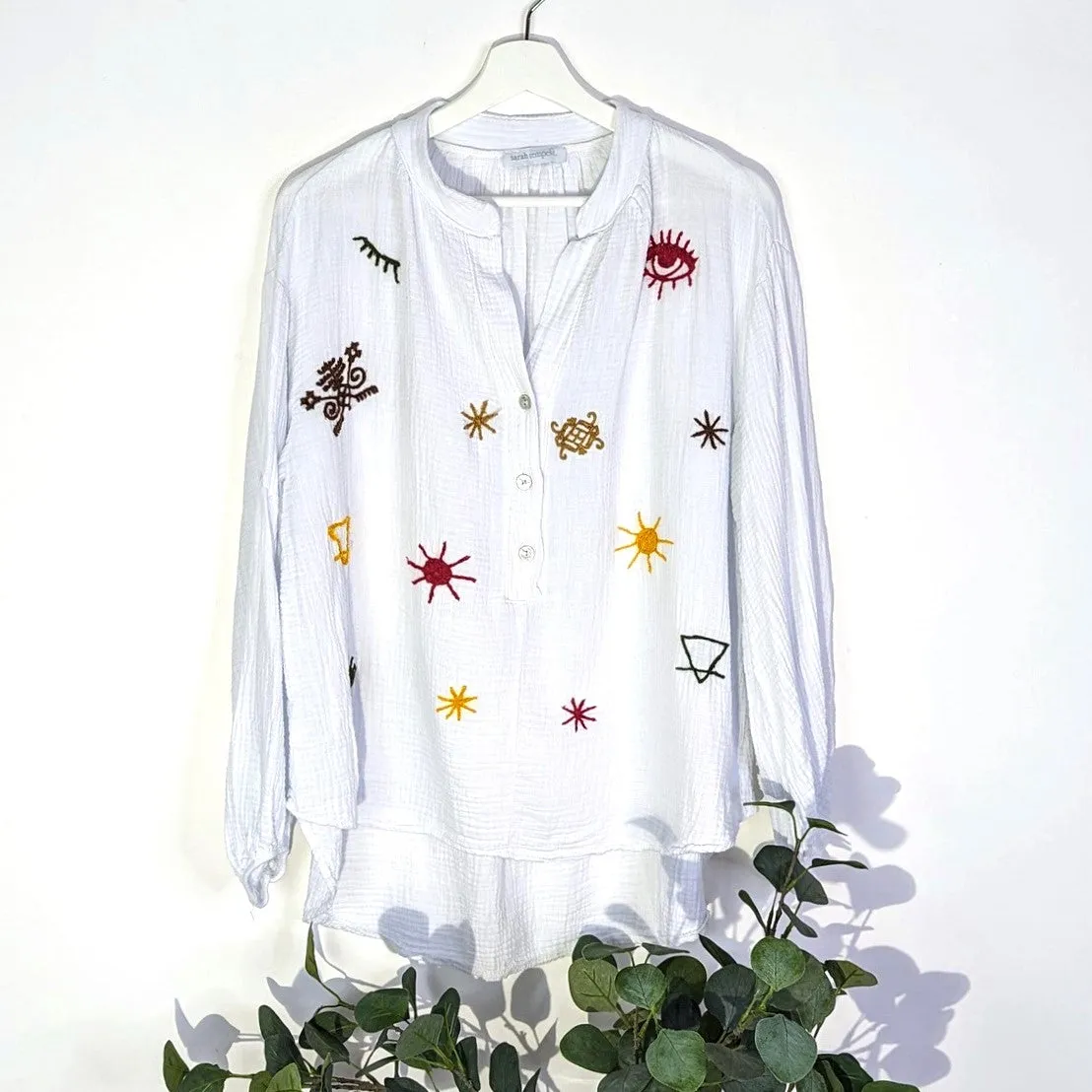 Collarless button front waffle shirt with Aztec embroidery (M-L)