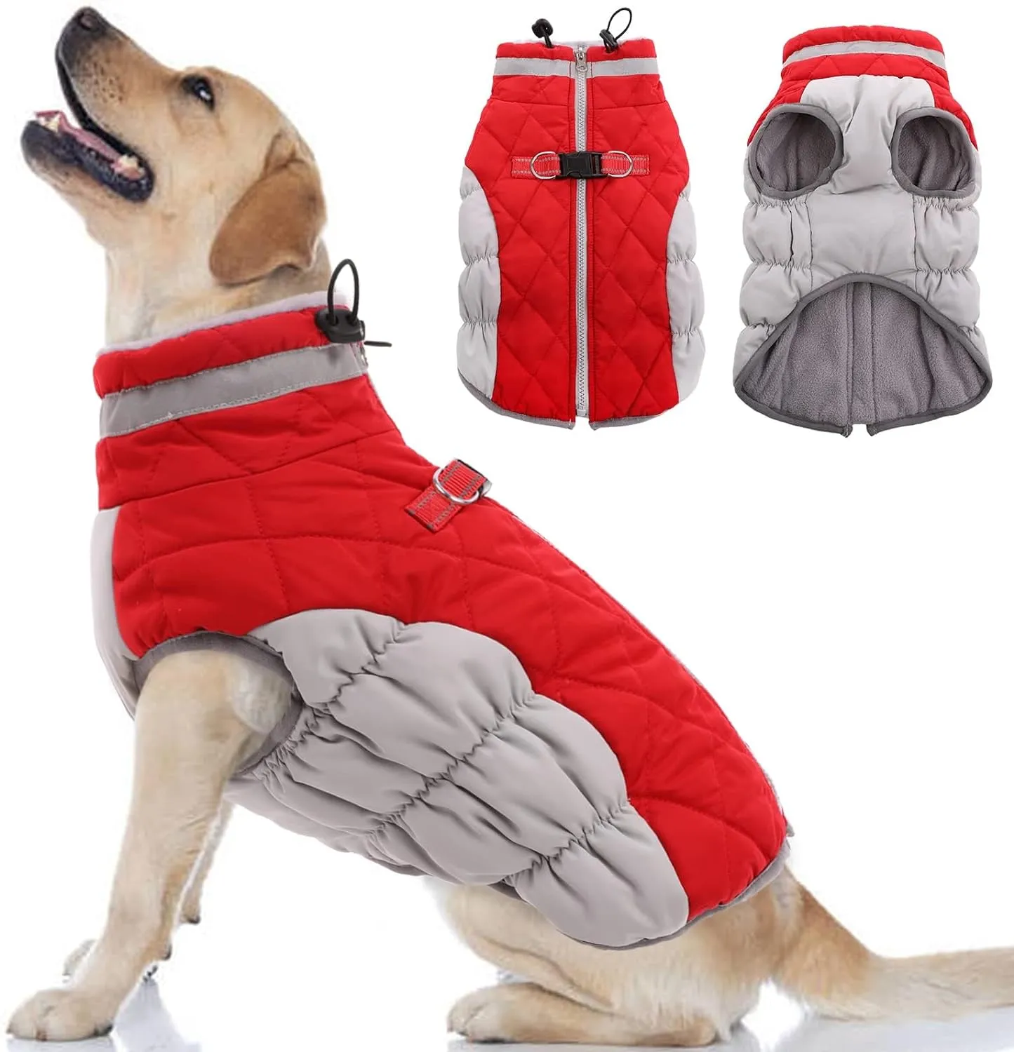 Dog Coat, Fleece Dog Vest with Harness Built in, Dog Cold Weather Coats, Dog Snowsuit Waterproof, Dog Coats for Small Dogs, Dog Winter Jacket Windproof, Dog Puffer Jacket Rose Red S
