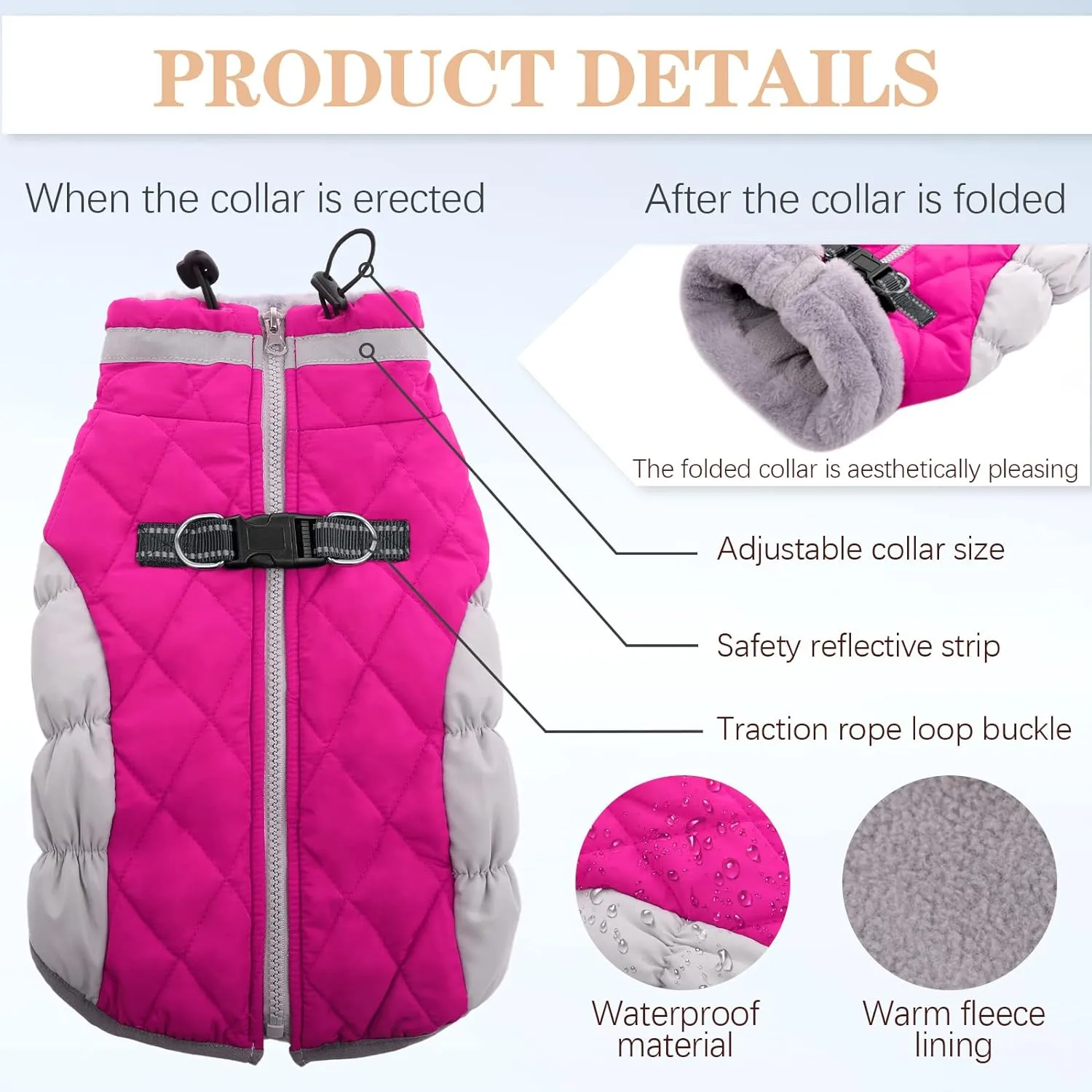 Dog Coat, Fleece Dog Vest with Harness Built in, Dog Cold Weather Coats, Dog Snowsuit Waterproof, Dog Coats for Small Dogs, Dog Winter Jacket Windproof, Dog Puffer Jacket Rose Red S