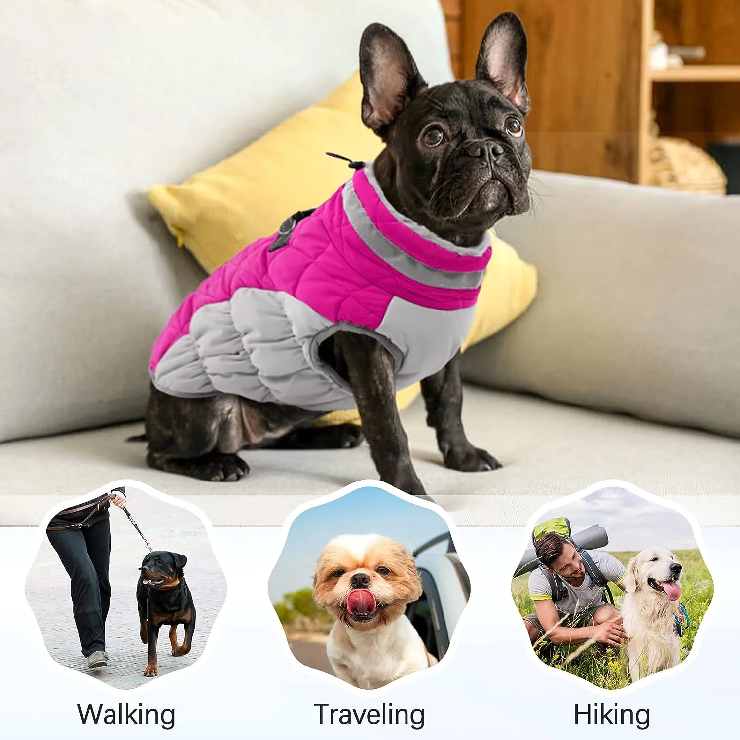 Dog Coat, Fleece Dog Vest with Harness Built in, Dog Cold Weather Coats, Dog Snowsuit Waterproof, Dog Coats for Small Dogs, Dog Winter Jacket Windproof, Dog Puffer Jacket Rose Red S