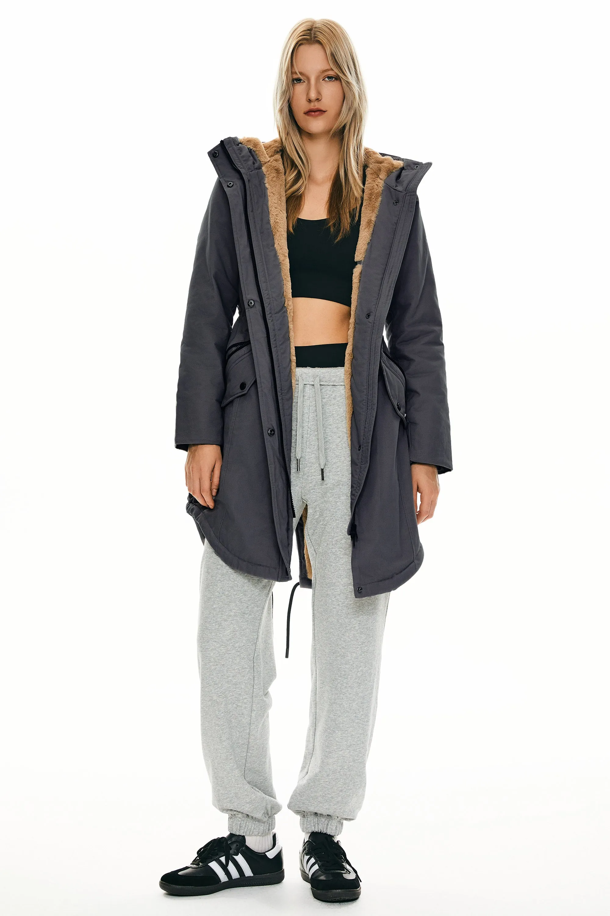 Drawstring Waist Fleece-Lined Parka