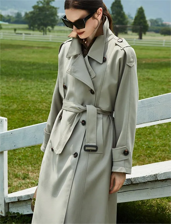Element Autumn British Retro Double Breasted over the Knee Lengthened Trench Coat for Women Coat
