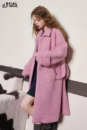 ELFSACK Pink Warm Wool Coats Women 2023 Winter Sweety Loose Long Outwears