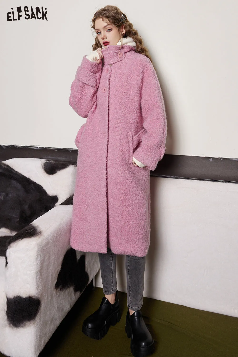 ELFSACK Pink Warm Wool Coats Women 2023 Winter Sweety Loose Long Outwears
