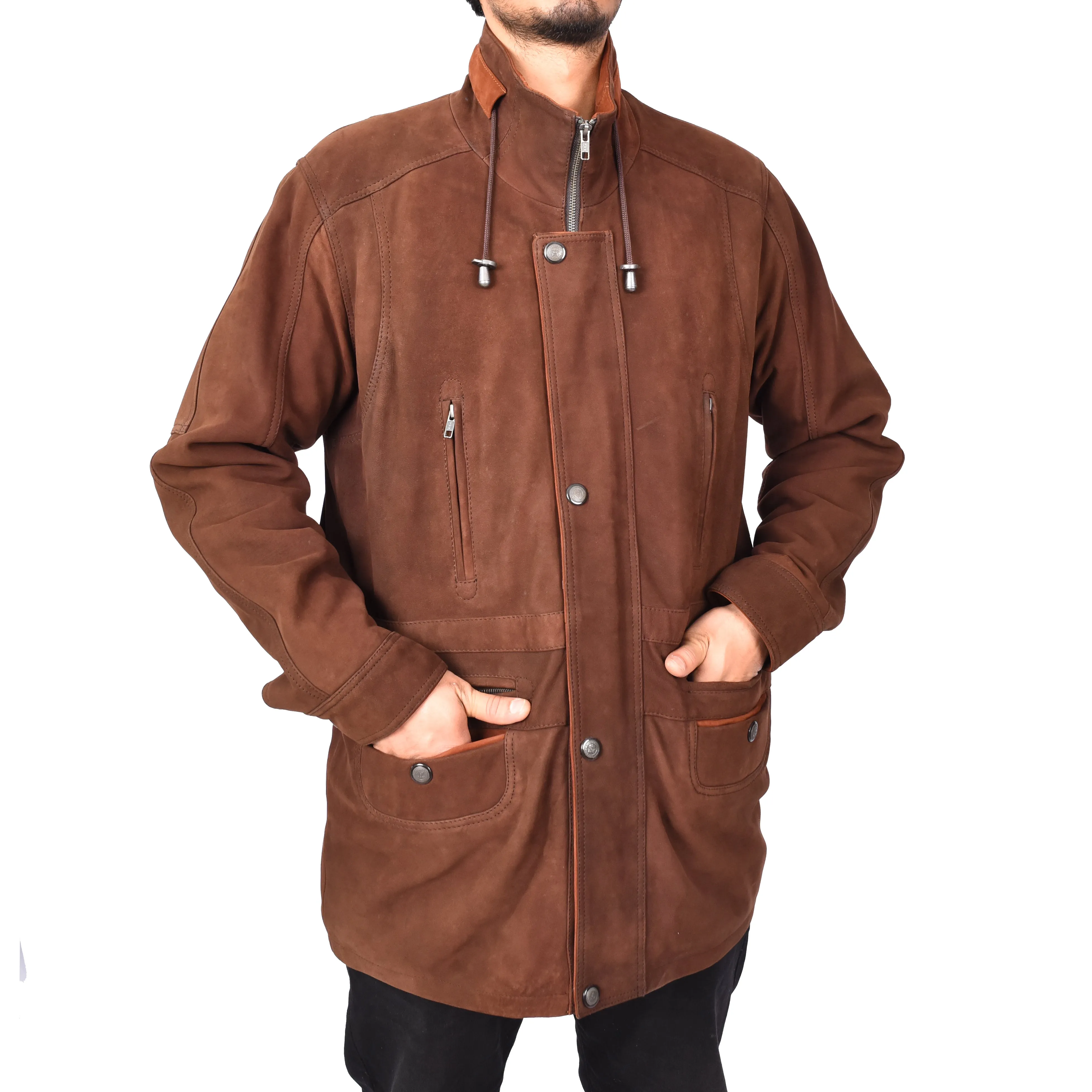 Gent's Classic Nubuck Leather Coat Mens Parka Style Jacket Brown Carlsen