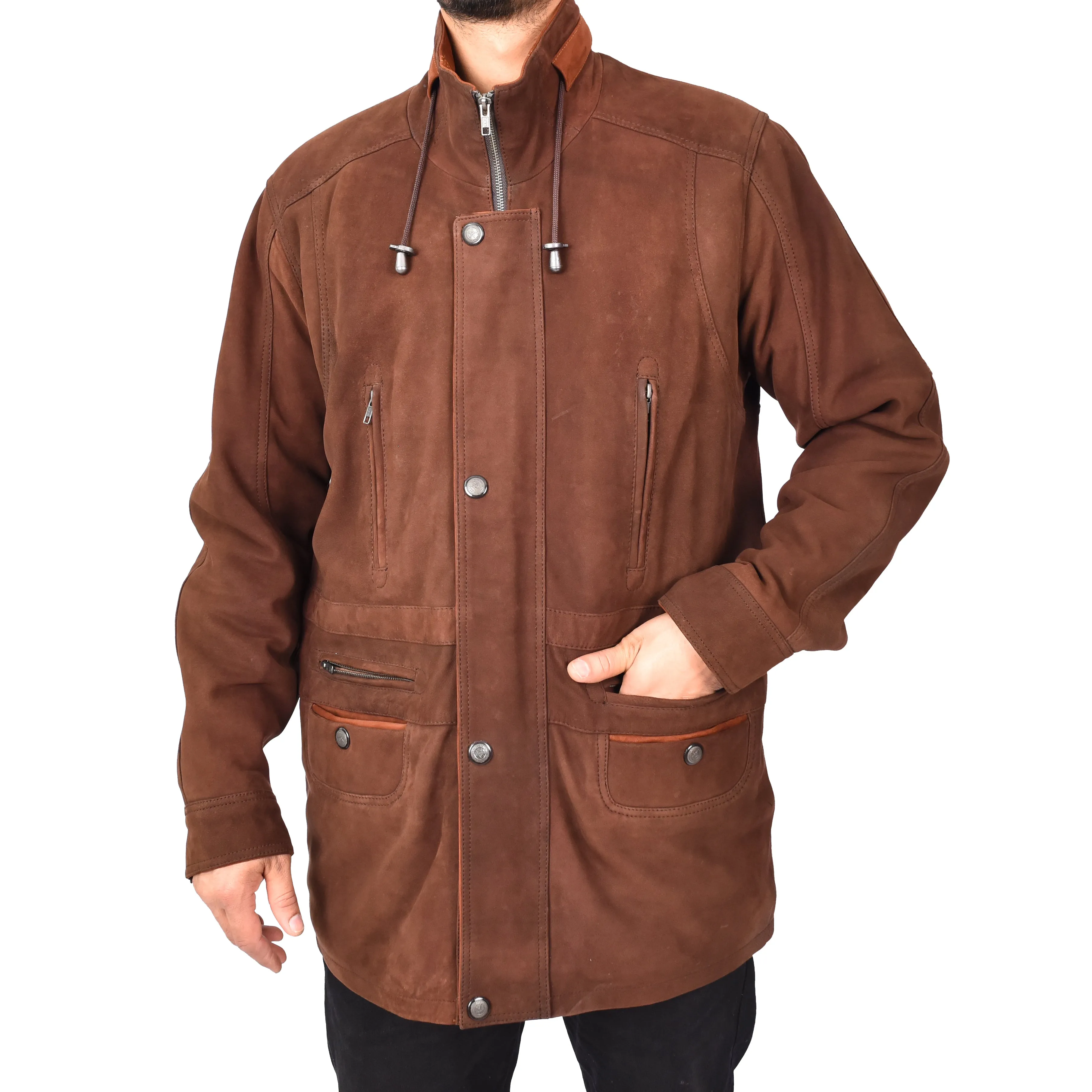 Gent's Classic Nubuck Leather Coat Mens Parka Style Jacket Brown Carlsen