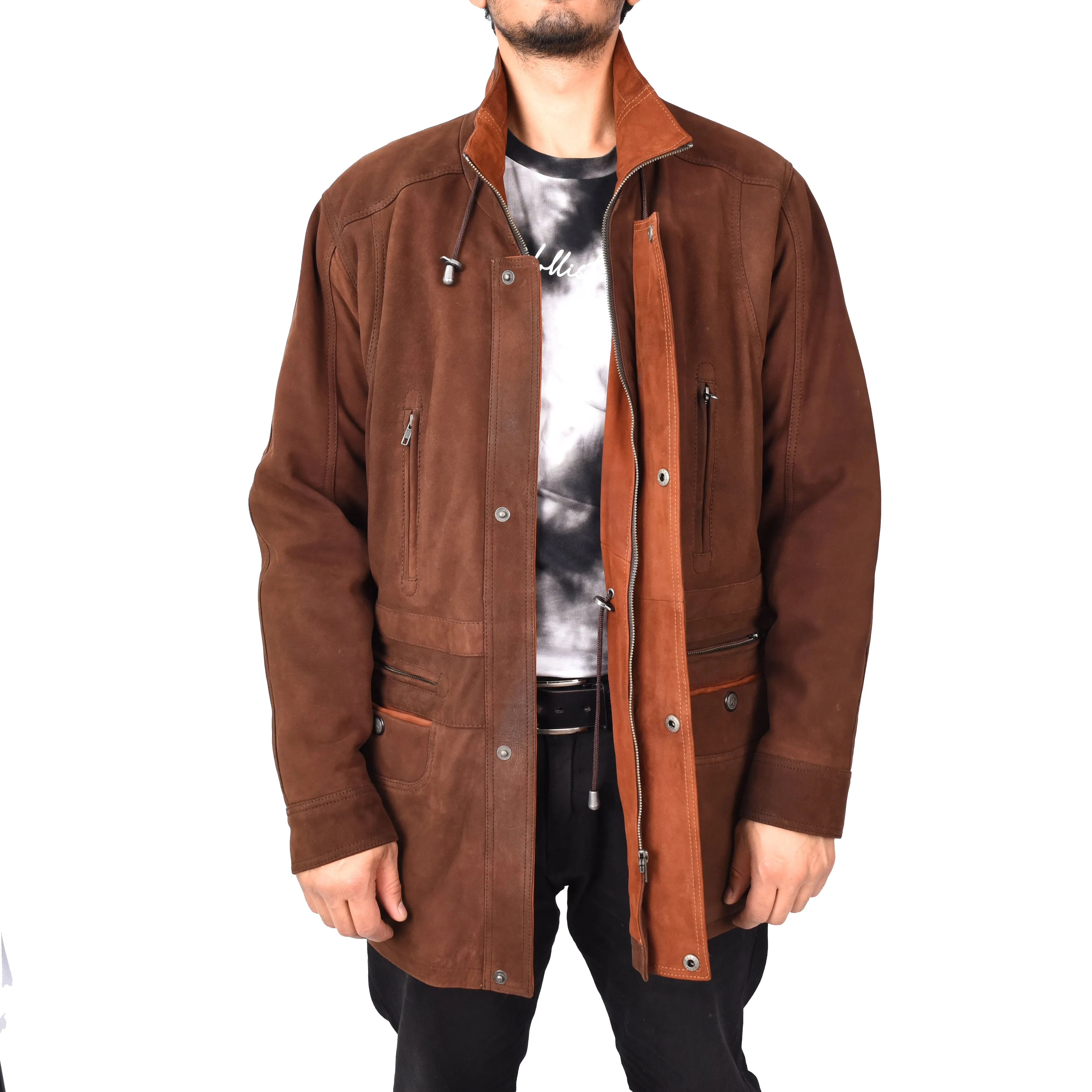 Gent's Classic Nubuck Leather Coat Mens Parka Style Jacket Brown Carlsen