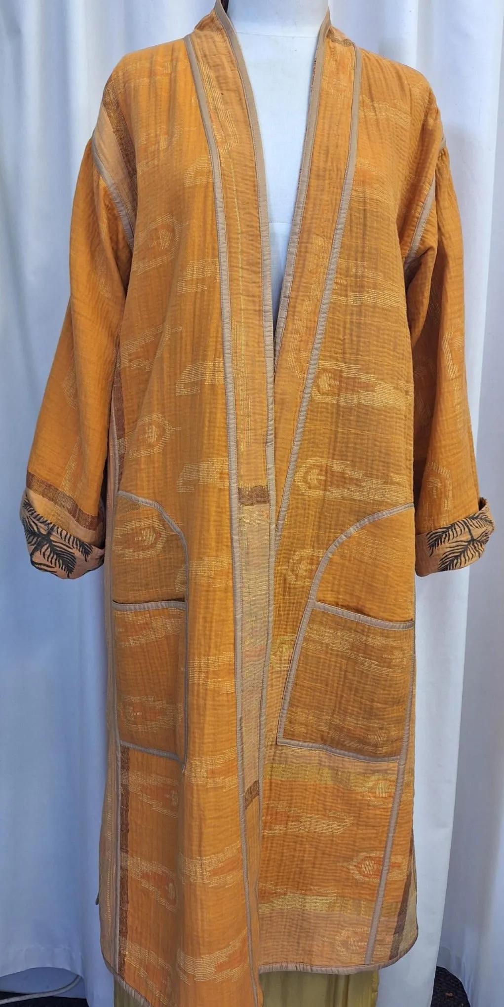 Reversible Vintage Cotton Kantha Coat, Orange and Gold – E