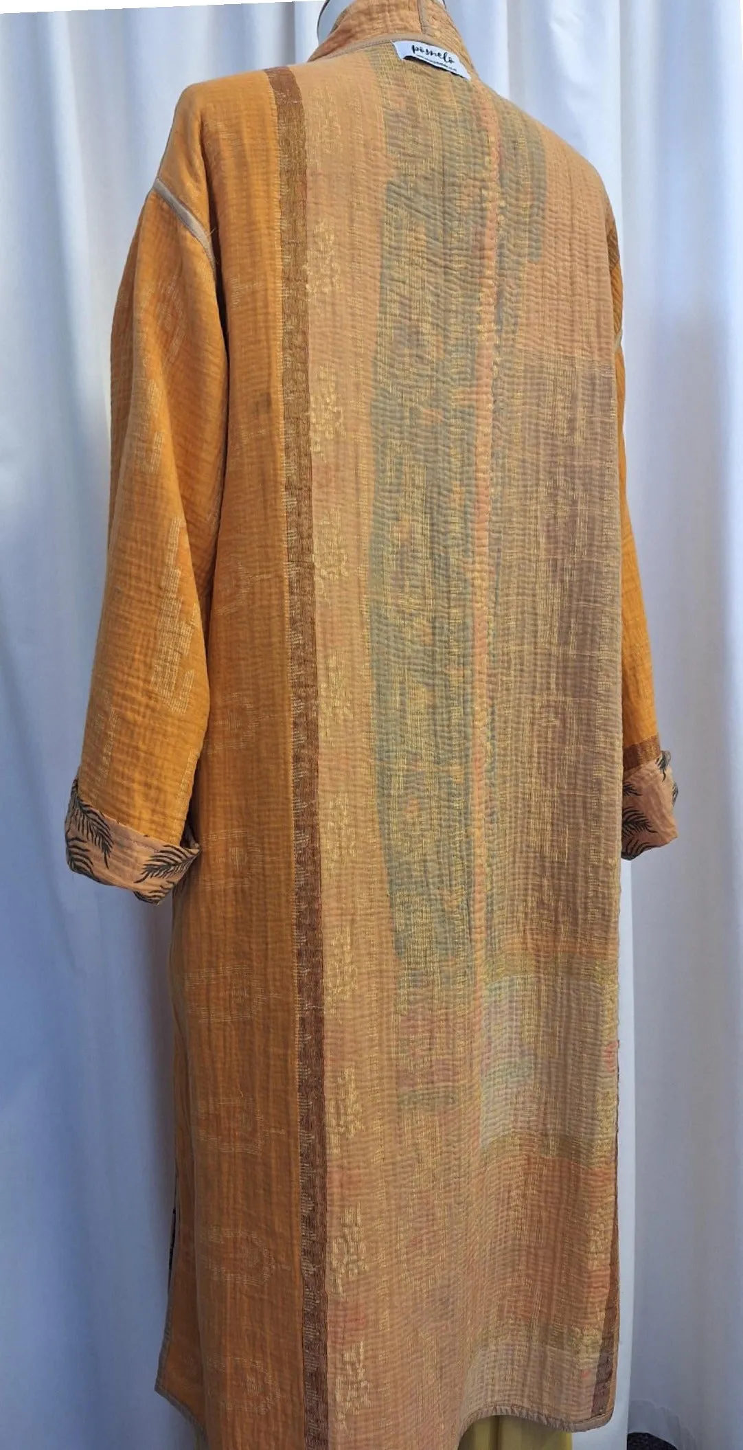 Reversible Vintage Cotton Kantha Coat, Orange and Gold – E
