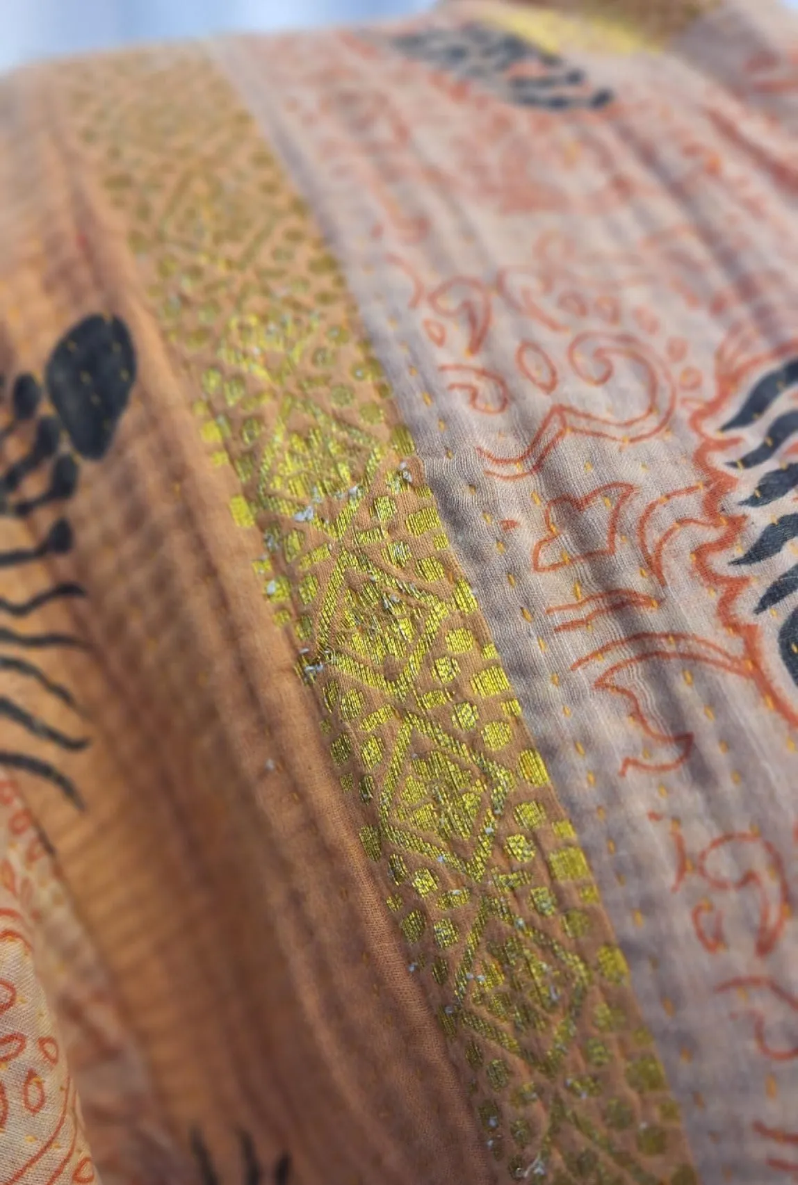 Reversible Vintage Cotton Kantha Coat, Orange and Gold – E