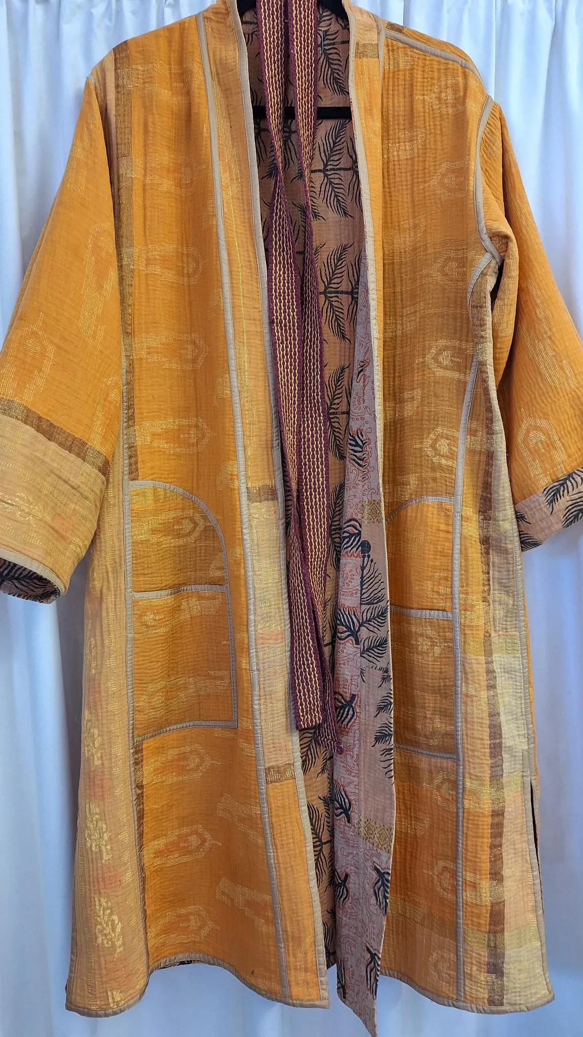 Reversible Vintage Cotton Kantha Coat, Orange and Gold – E