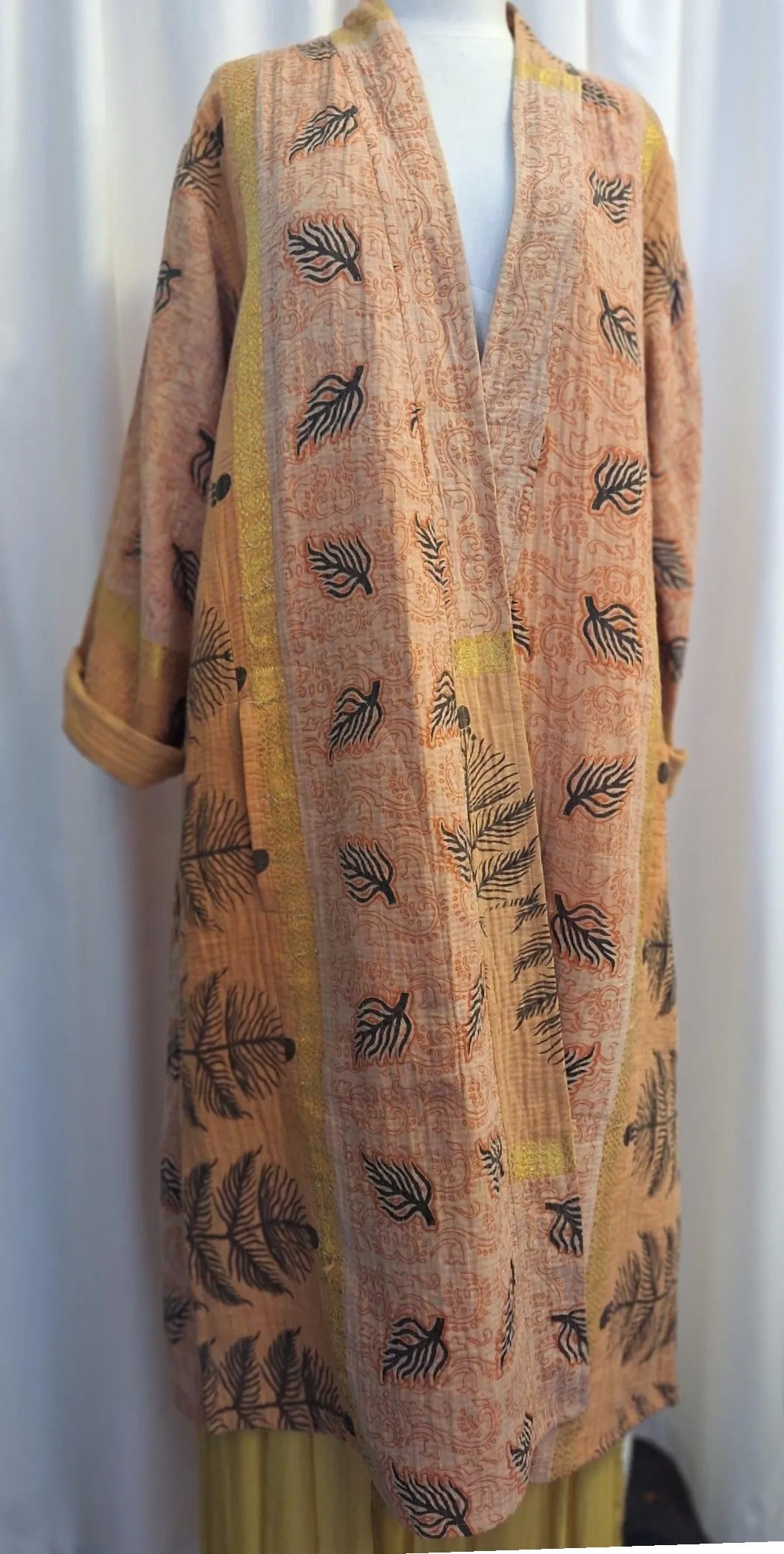 Reversible Vintage Cotton Kantha Coat, Orange and Gold – E