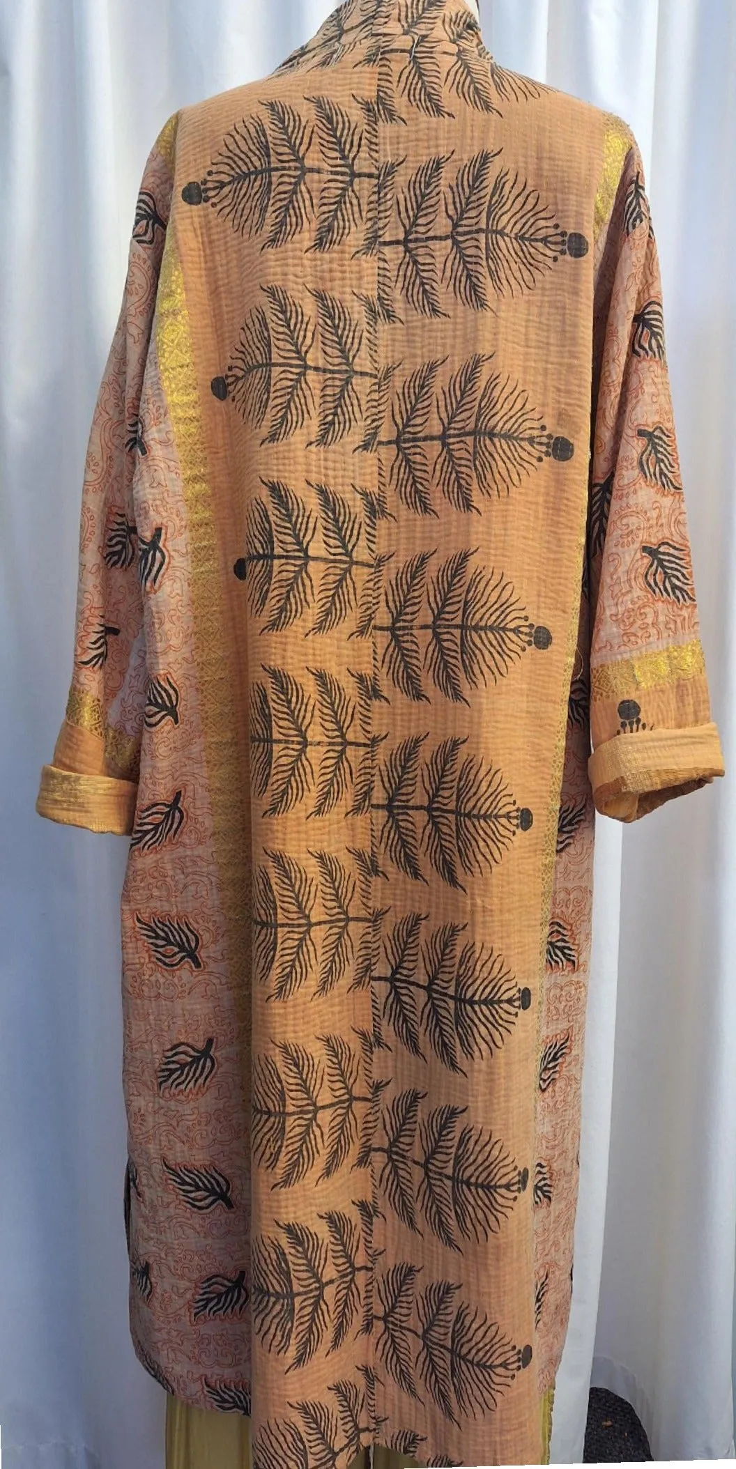 Reversible Vintage Cotton Kantha Coat, Orange and Gold – E