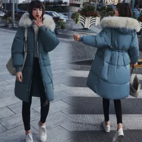 Solid Fur Hooded Thicken Zipper Long Down Coats Women Casual Long Sleeve Lace Up Warm Cotton Coats Female Hardy Jackets New
