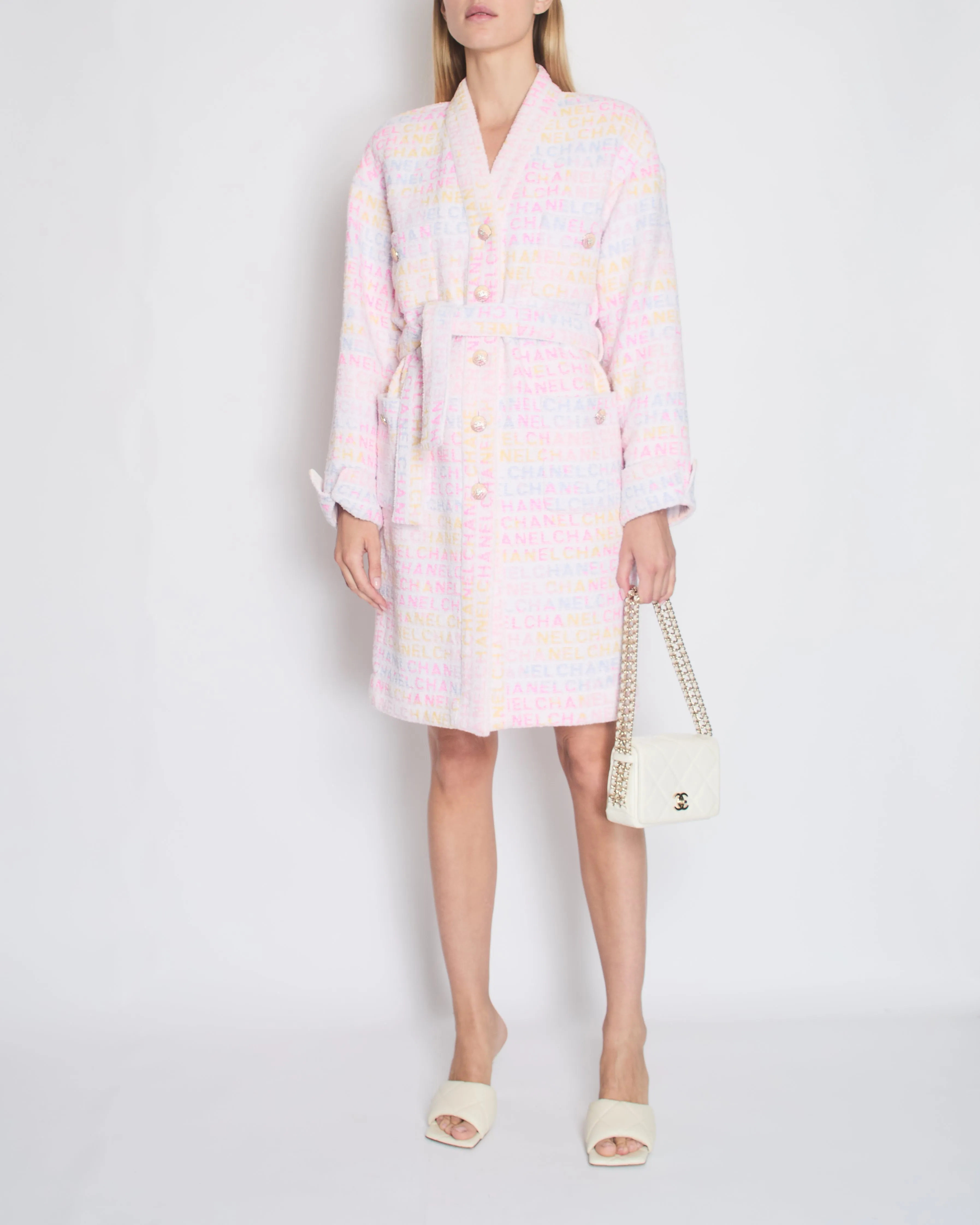 *SUPER HOT* Chanel Resort 2024 Pink & White Robe Coat with Belt & Multi-Coloured Chanel Logo Details Size FR 36 (UK 8)