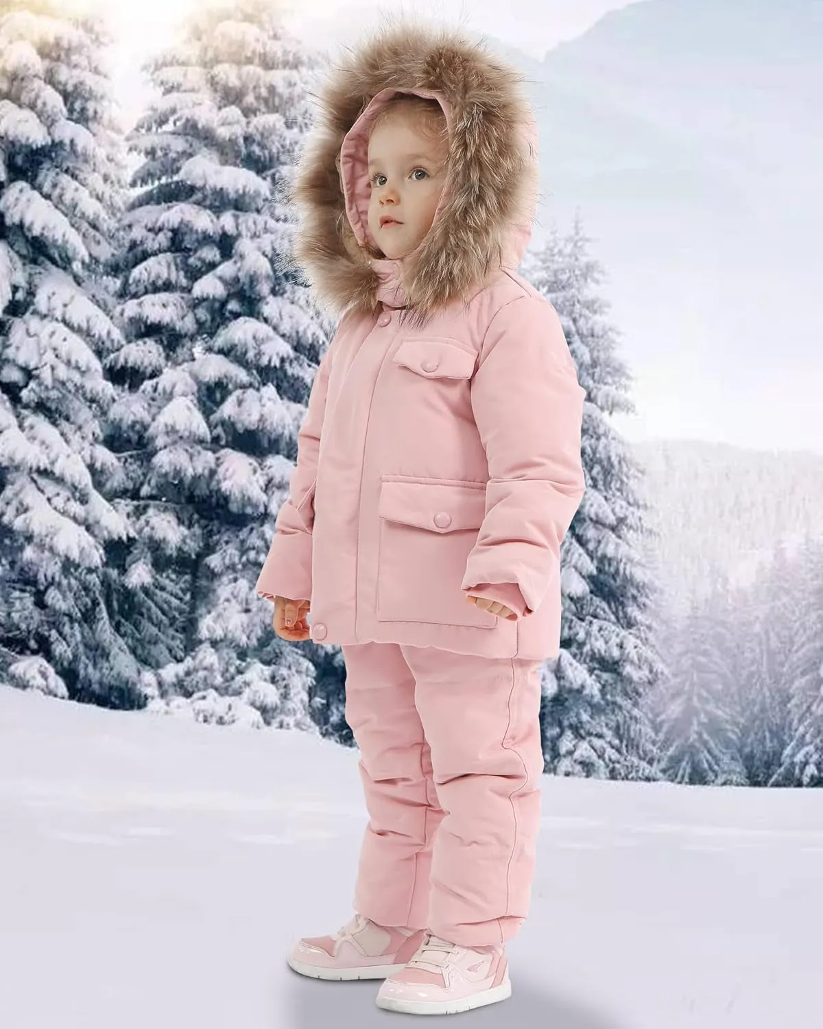 Toddler Girl Snowsuit 2Pcs Kids down Jacket Winter Hooded Coat  Snow Bib Pants Kids Windproof Skiing Suit (2T/6T)