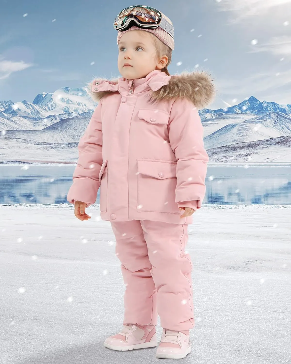 Toddler Girl Snowsuit 2Pcs Kids down Jacket Winter Hooded Coat  Snow Bib Pants Kids Windproof Skiing Suit (2T/6T)