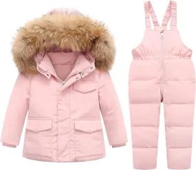 Toddler Girl Snowsuit 2Pcs Kids down Jacket Winter Hooded Coat  Snow Bib Pants Kids Windproof Skiing Suit (2T/6T)